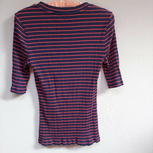 Anthropologie Pure + Good Womens Miranda Striped T-Shirt Small Scoop Neck Ribbed - Picture 2 of 7